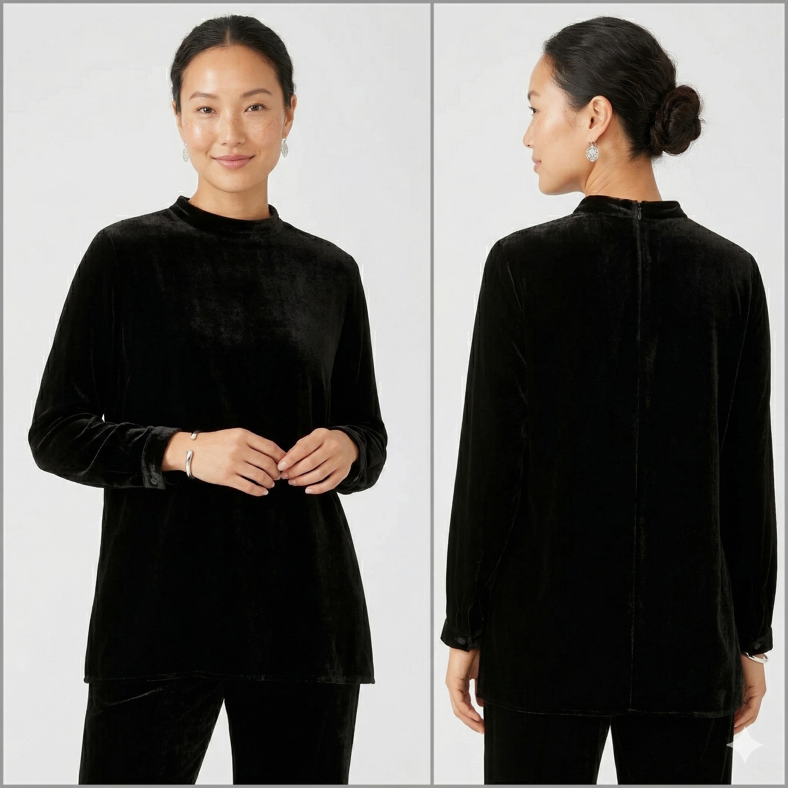 Eileen Fisher Black Velvet Mock Neck Tunic Top Size Large Nwt $278
